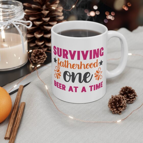 "Surviving Fatherhood One Beer at a Time" - Funny Double Sided Print - White Ceramic Mug 11oz - Image 4
