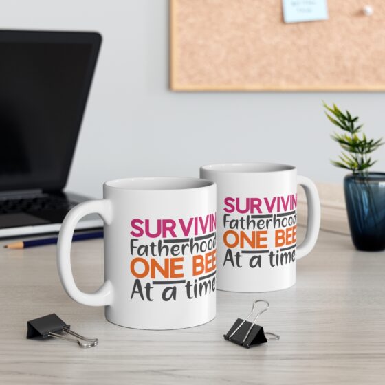 "Surviving Fatherhood One Beer at a Time" - Funny Double Sided Print - White Ceramic Mug 11oz - Image 5