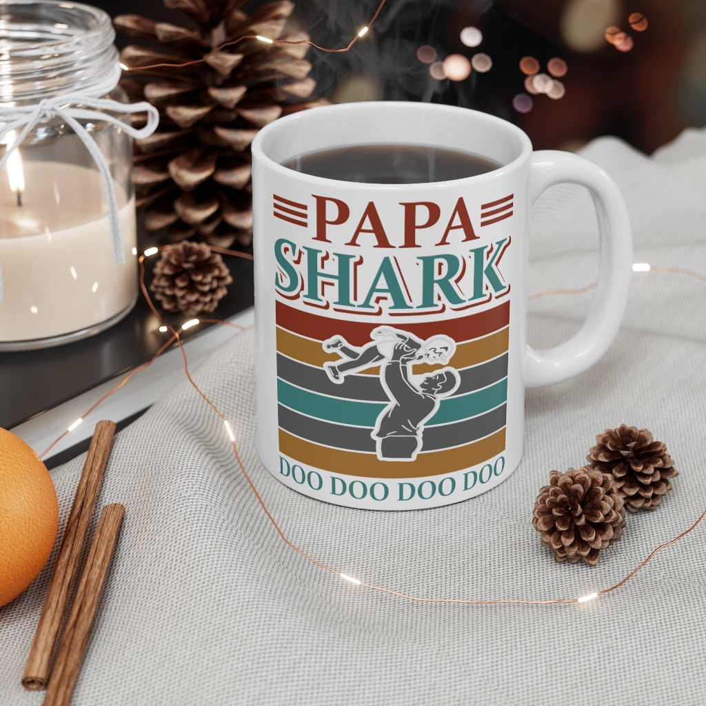 "Papa Shark Doo Doo Doo Doo" - Funny Double Sided Print - White Ceramic Mug 11oz - Image 4