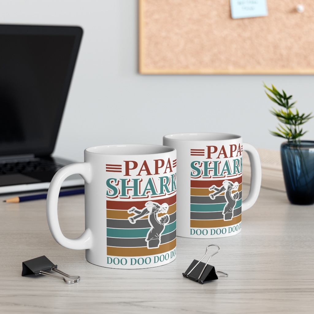 "Papa Shark Doo Doo Doo Doo" - Funny Double Sided Print - White Ceramic Mug 11oz - Image 5
