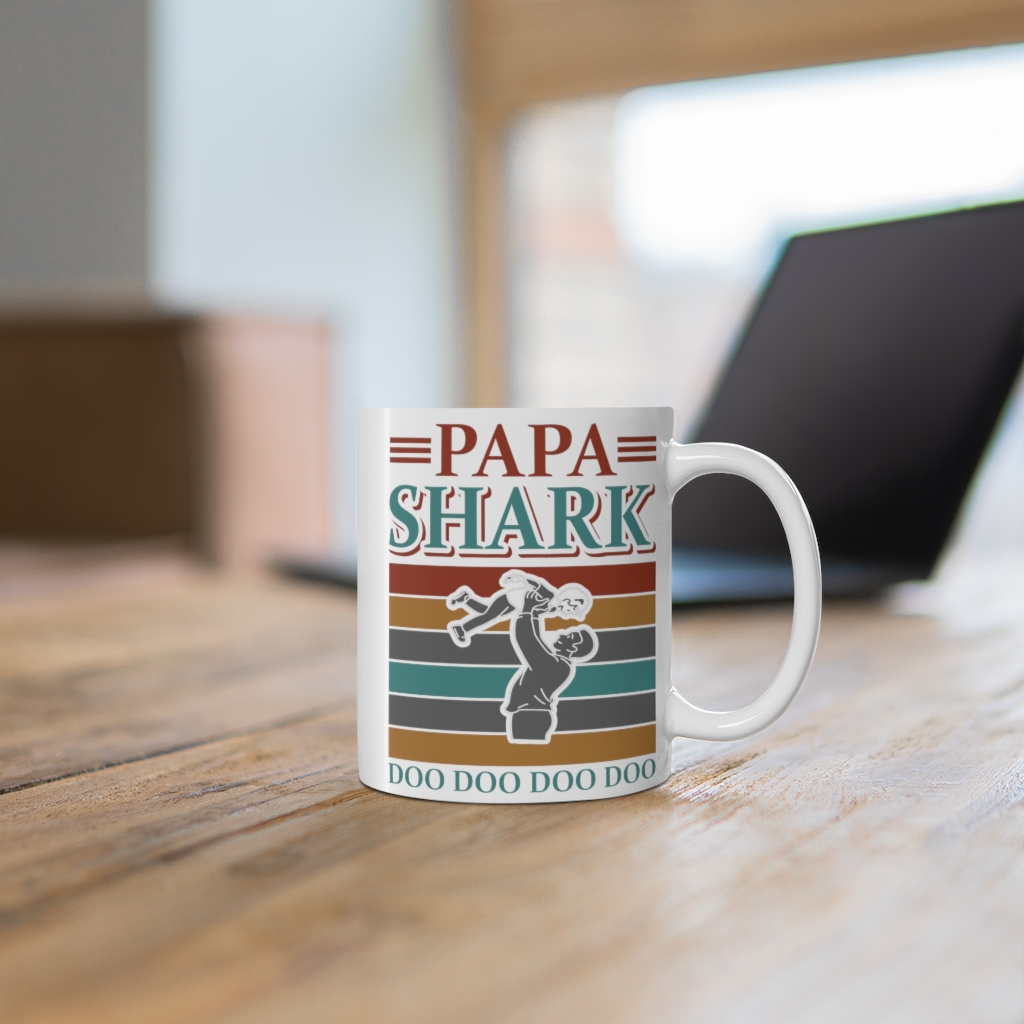 "Papa Shark Doo Doo Doo Doo" - Funny Double Sided Print - White Ceramic Mug 11oz - Image 6