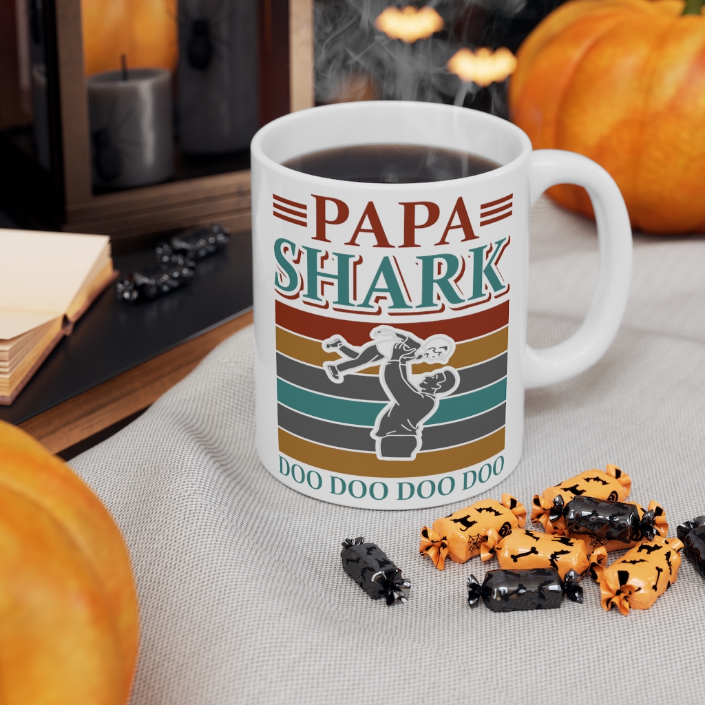 "Papa Shark Doo Doo Doo Doo" - Funny Double Sided Print - White Ceramic Mug 11oz - Image 7
