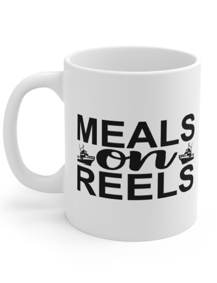 "Meals on Reels" - Funny Double Sided Print - White Ceramic Mug 11oz
