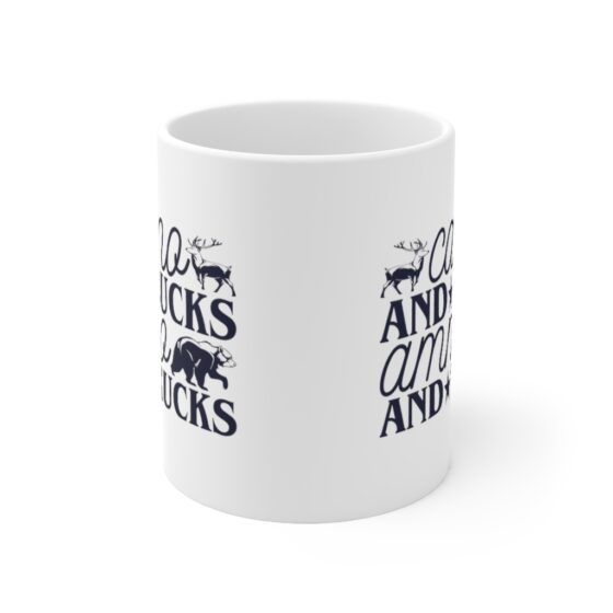 "Camo and Bucks Ammo and Trucks" - Funny Double Sided Print - White Ceramic Mug 11oz - Image 2