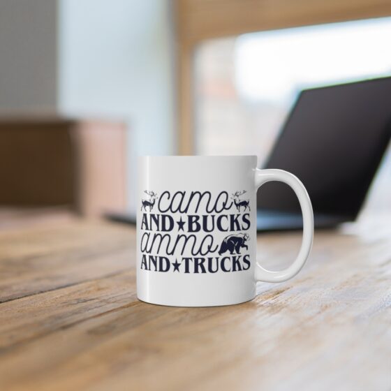 "Camo and Bucks Ammo and Trucks" - Funny Double Sided Print - White Ceramic Mug 11oz - Image 6