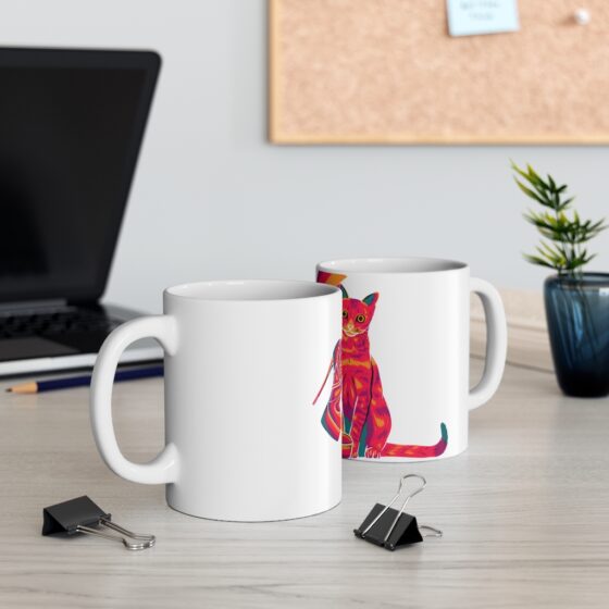 Stylish Cat  - Wrap Around Design - White Ceramic Mug 11oz - Image 5