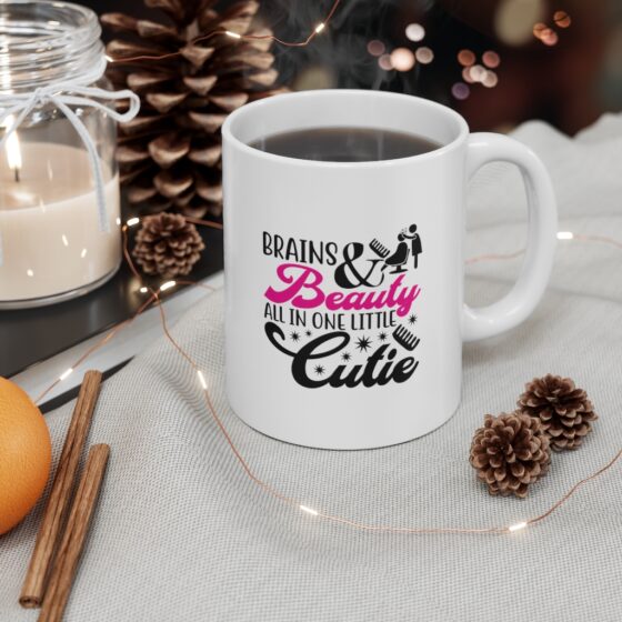 "Brains and Beauty All in One Little Cutie" - Funny Double Sided Print - White Ceramic Mug 11oz - Image 4