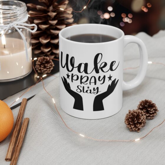 "Wake Pray Slay" - Funny Double Sided Print - White Ceramic Mug 11oz - Image 4