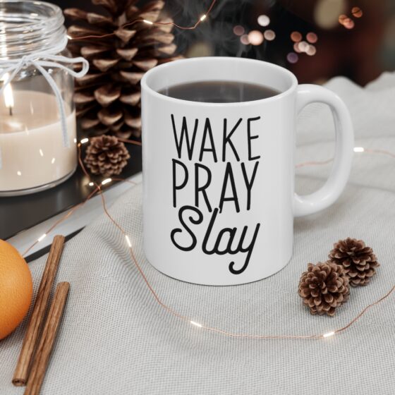 "Wake Pray Slay" - Funny Double Sided Print - White Ceramic Mug 11oz - Image 4