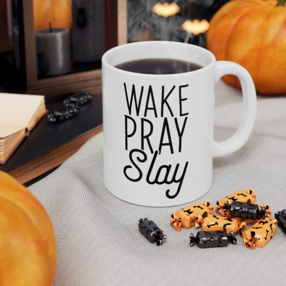 "Wake Pray Slay" - Funny Double Sided Print - White Ceramic Mug 11oz - Image 7