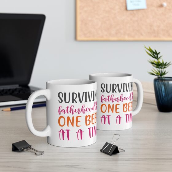 "Surviving Fatherhood One Beer at a Time" - Funny Double Sided Print - White Ceramic Mug 11oz - Image 5