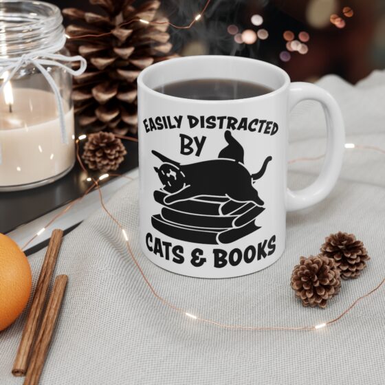 "Easily Distracted by Cats and Books" - Funny Double Sided Print - White Ceramic Mug 11oz - Image 4