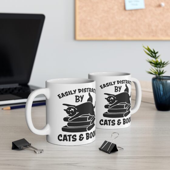 "Easily Distracted by Cats and Books" - Funny Double Sided Print - White Ceramic Mug 11oz - Image 5