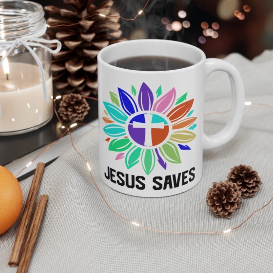 "Jesus Saves" - Funny Double Sided Print - White Ceramic Mug 11oz - Image 4