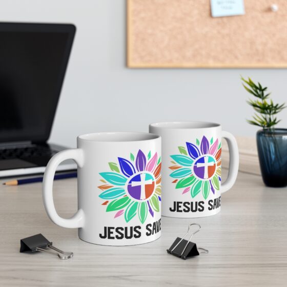 "Jesus Saves" - Funny Double Sided Print - White Ceramic Mug 11oz - Image 5