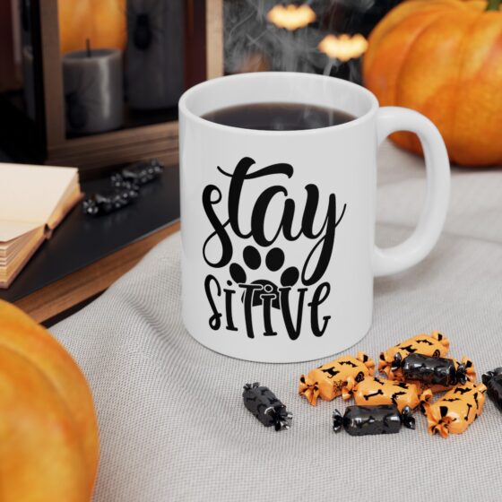 "Stay Paw Sitive" - Funny Double Sided Print - White Ceramic Mug 11oz - Image 7